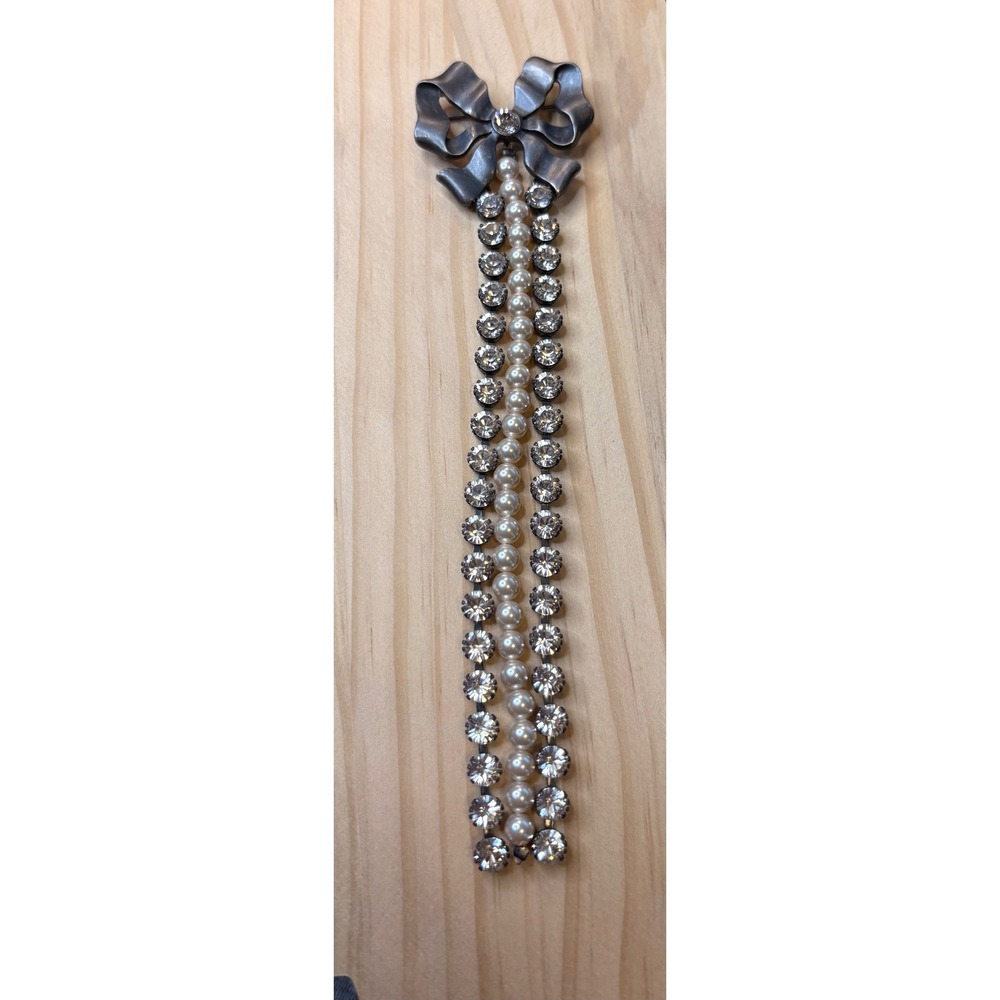 Vintage Style Gunmetal Bow Brooch Rhinestone Faux Pearl Triple Tassel Pendant